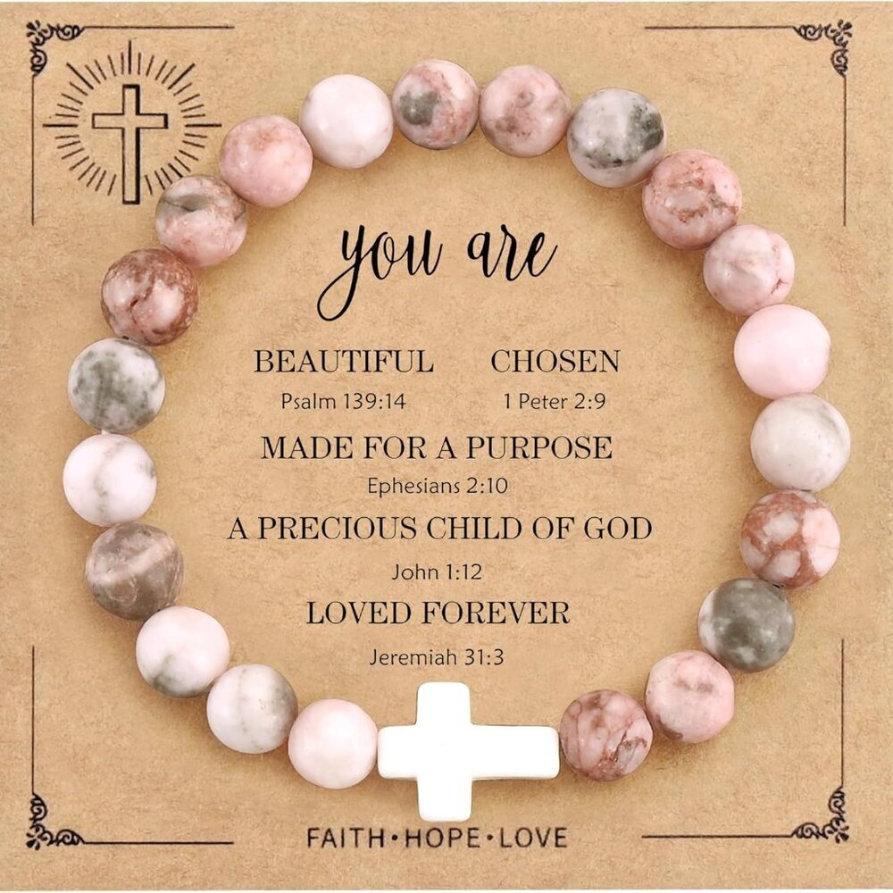 Inspirational Gemstone Bracelet with Cross – Unique Pink Zebra Jewelry for Women